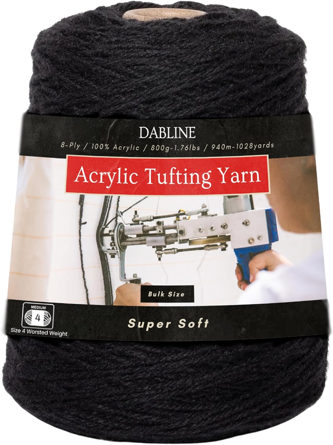 Bulk Acrylic Yarn for Tufting - Super Soft - Worsted Weight Size 4, 800g - 8 Ply Designed for Tufting Rugs (Black)