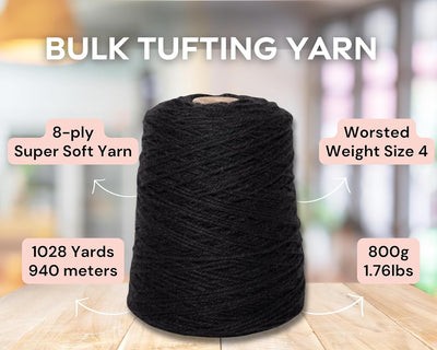 Bulk Acrylic Yarn for Tufting - Super Soft - Worsted Weight Size 4, 800g - 8 Ply Designed for Tufting Rugs (Black)