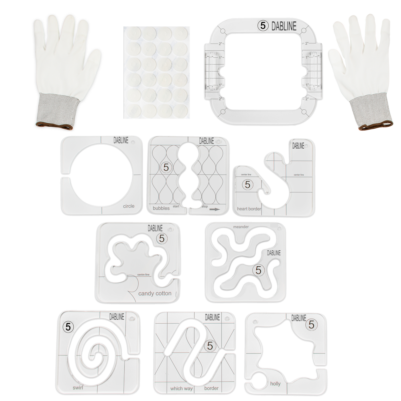 Quilting Template Set includes 5.5"x5.5" quilting frame, quilting stickers, quilting gloves, 8 different quilting templates designs and patterns